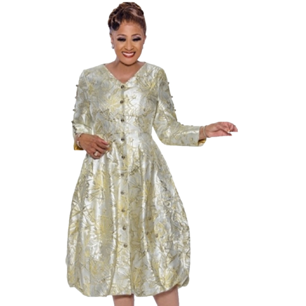 Dorinda Clark Cole 5441 Gold Brocade Button-Front Midi Dress